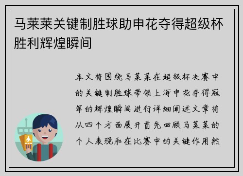 马莱莱关键制胜球助申花夺得超级杯胜利辉煌瞬间